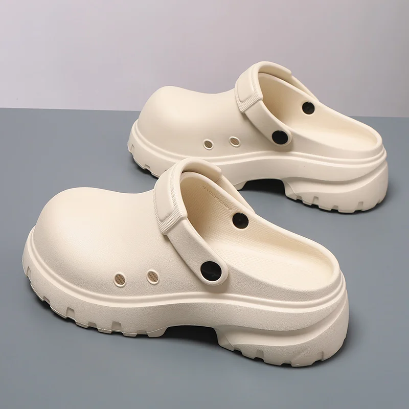 Men Khaki EVA Chef Clogs Lightweight Height Increase Platform Shoes Adjustable Heel Strap Non Slip Kitchen Work Slip On Shoes