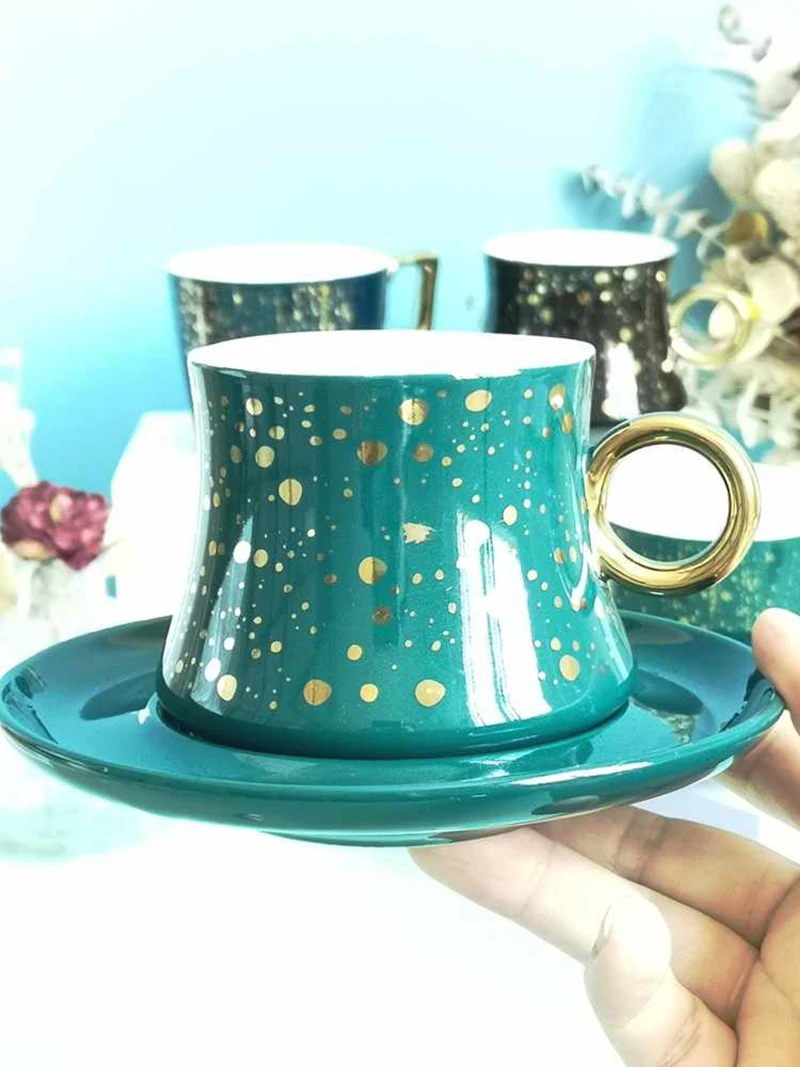 American Style Green Exquisite Coffee Cup Dish High Beauty Gold Handle Water Cup Set Dual Use 200ml Female Ceramic Afternoon Tea