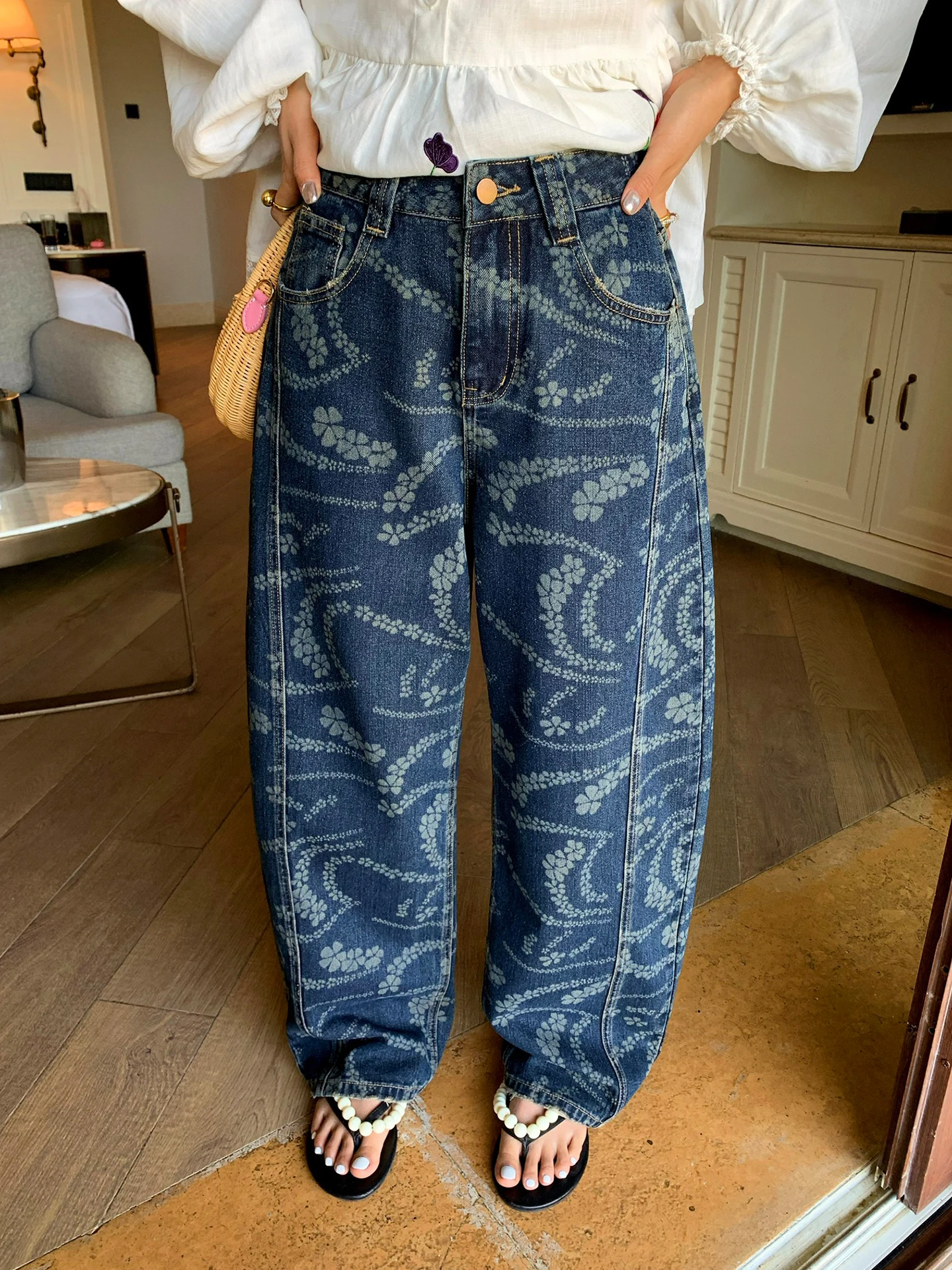

High Waist Loose Fit Straight Leg Jeans Women's Spring Fashion Print Casual Cotton Tefamani Jeans Deep Blue Comfortable Warm