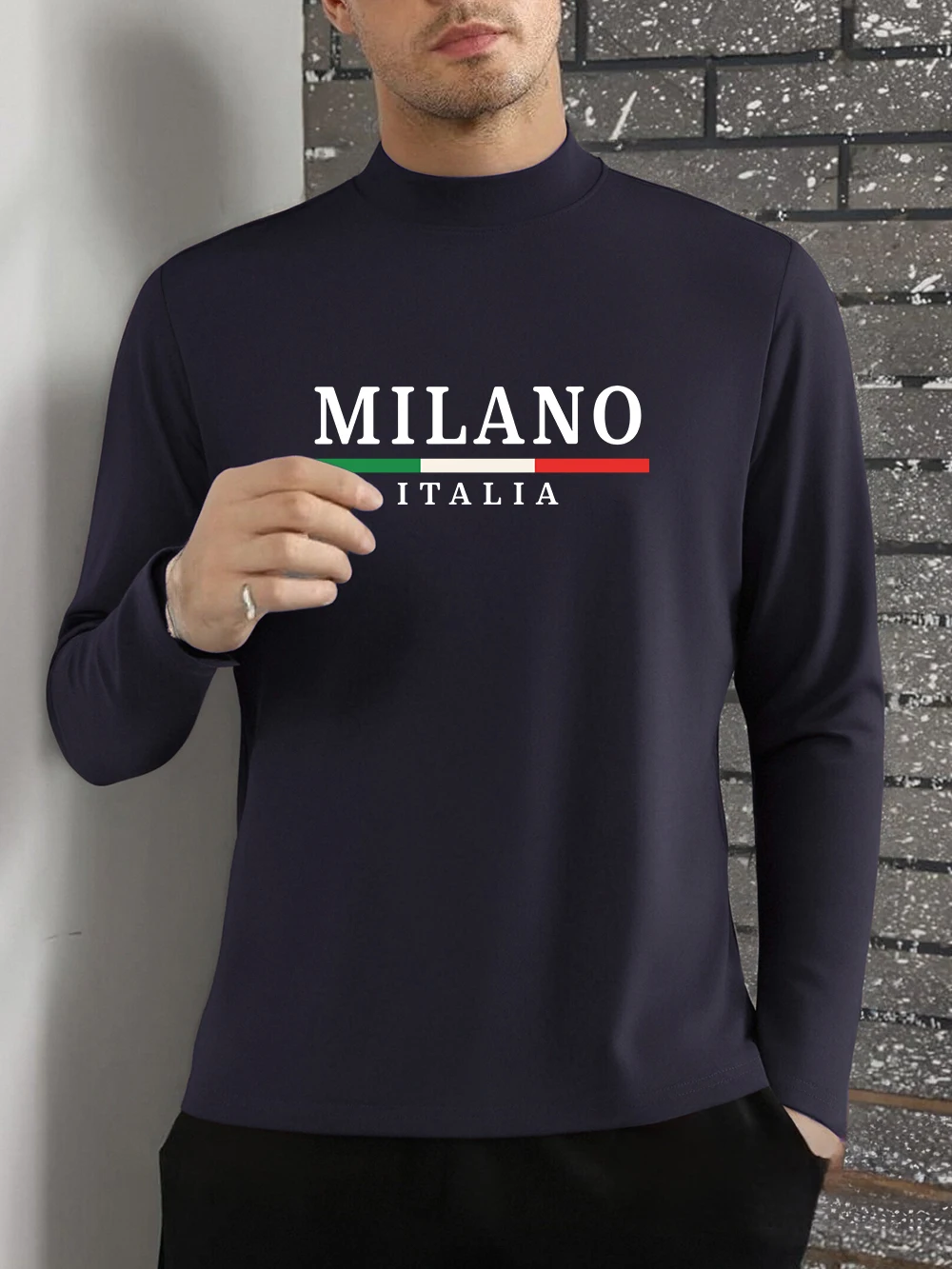 

Milano Italy Flag Color Prints T-Shirt Men'S Winter Fleece Tops Warm Half Turtleneck Slim Fit Bottoming Shirt Basic Mens Clothes