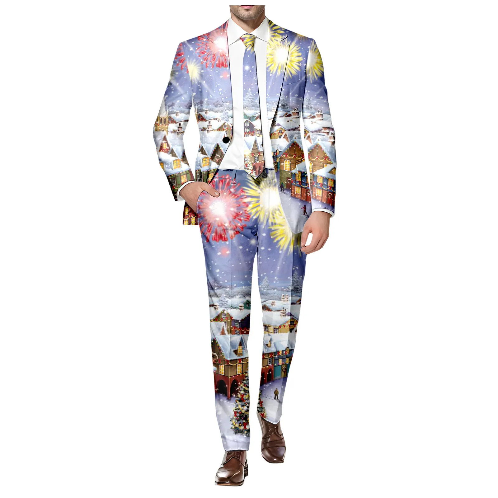 Single Button Lapel Christmas Print Suit Men Slim Fit Casual Comfortable Suit Jacket Fashion Long Sleeved Business Suits