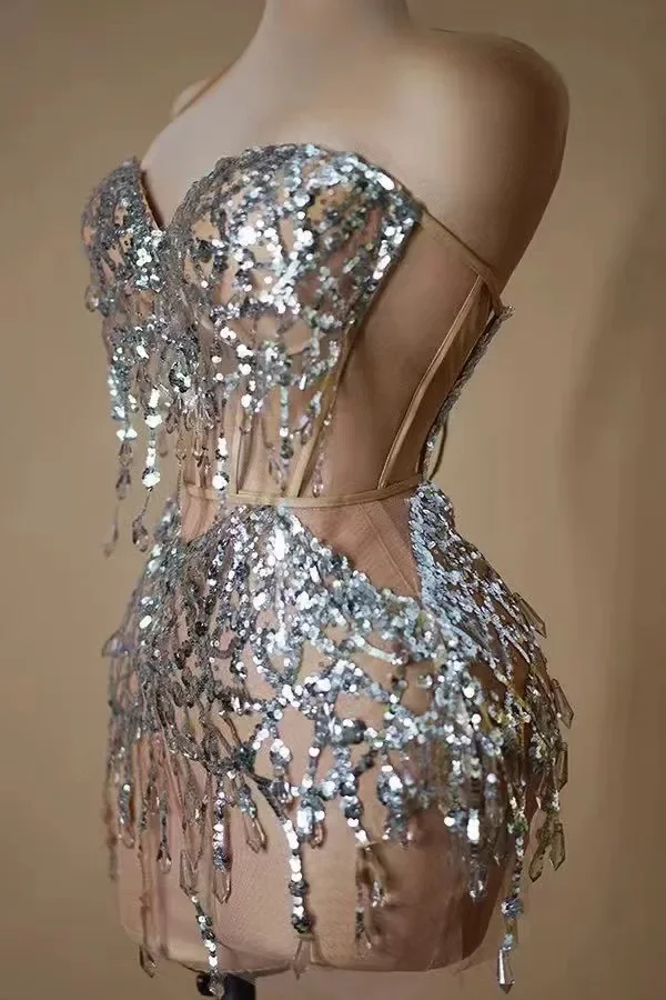 Vestido Sexy transparente para mujer, vestido de fiesta de cumpleaños y noche, ropa de espectáculo de cantante, vestido corto de verano con lentejuelas plateadas brillantes y cristales