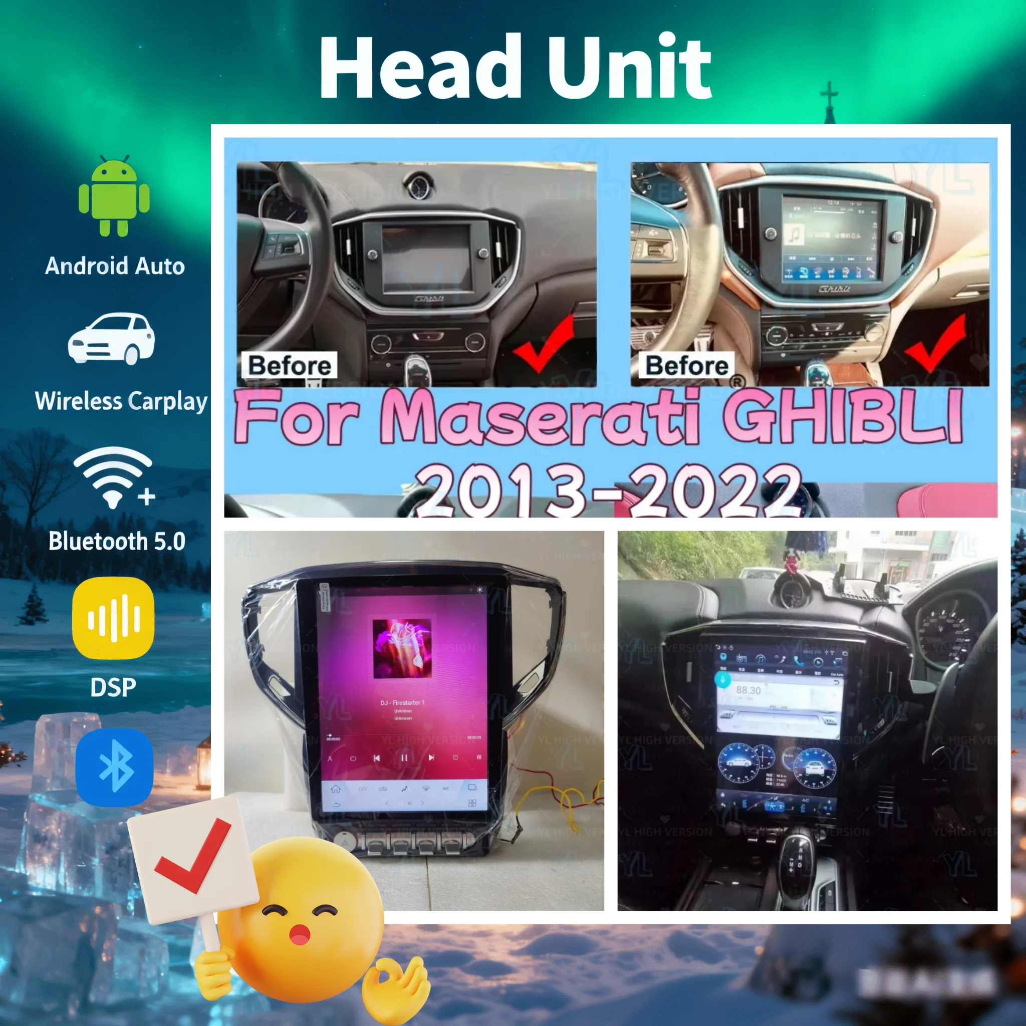 

12.1-дюймовый автомобильный радиоприемник с Android 13.0, беспроводным CarPlay, сенсорным экраном, мультимедиа, GPS-навигацией и поддержкой 4G для Maserati Ghibli 2013-2022