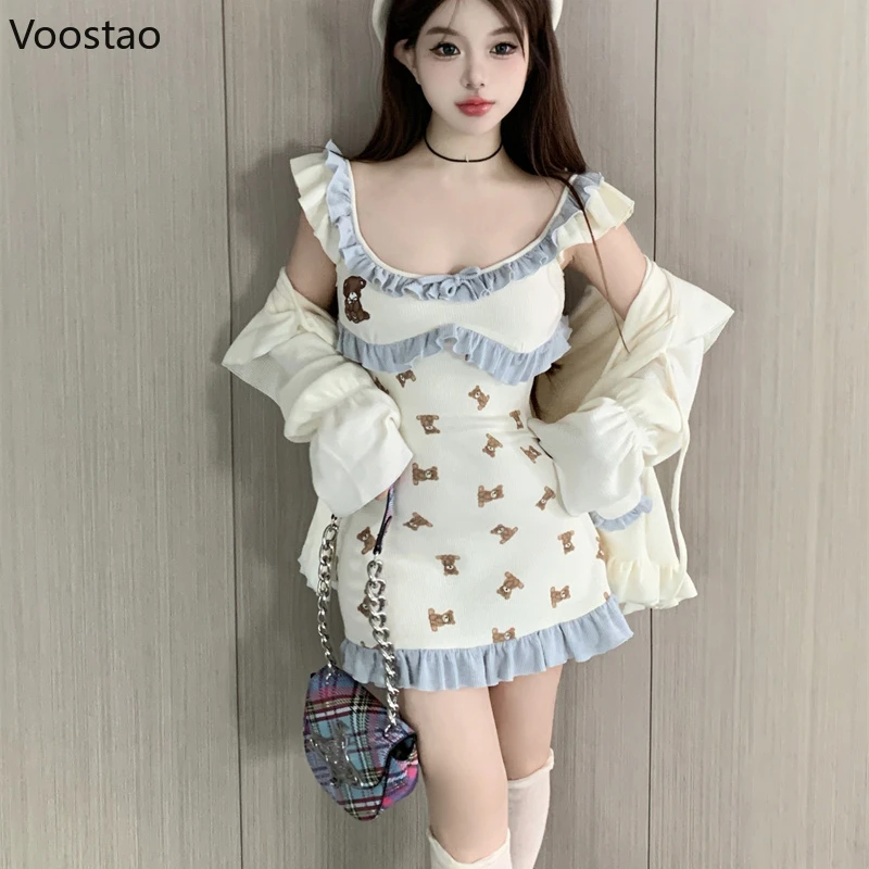 Autumn Kawaii Bear Print Lolita Two Piece Set Women Casual Bow Party Mini Dress Coat Suit Female Princess Korean Elegant Clothes