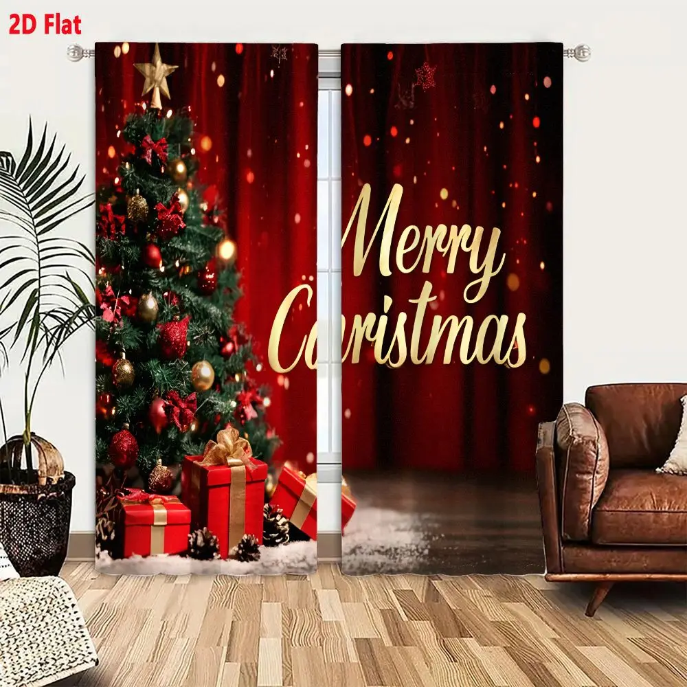 2Pcs Curtains 2D Flat Merry Christmas Tree With Red And Gold Ornaments Gifts And Snow On Floor Window Drapes for Bedroom Room De