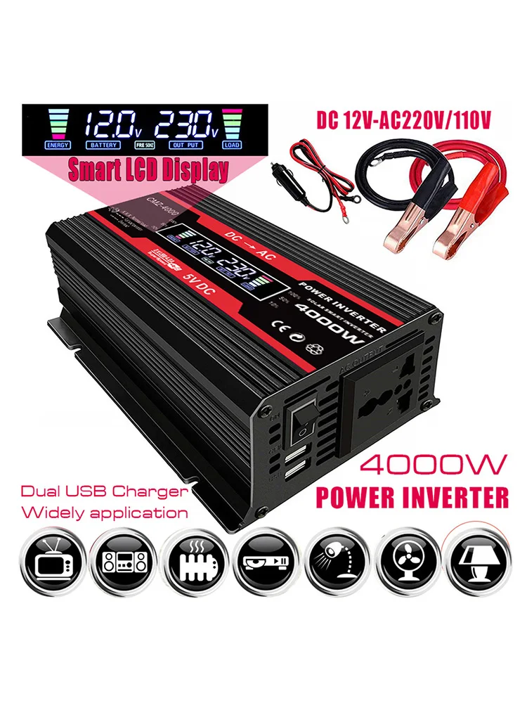 

Car Inverter Converter 12V to 110V/220V LCD Display 4000W Vehicle Power Inverter Modified Sine Wave Charge Converter