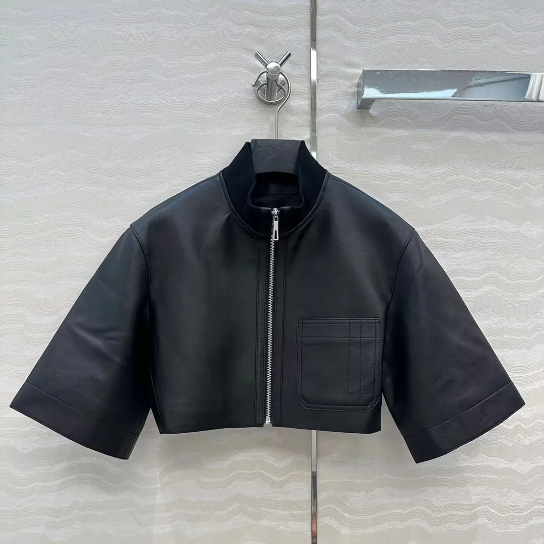 Manteau de luxe en cuir de mouton pour femme, Design court, col rond, demi-manches, fermeture éclair, court, Vintage, élégant, solide, 100%