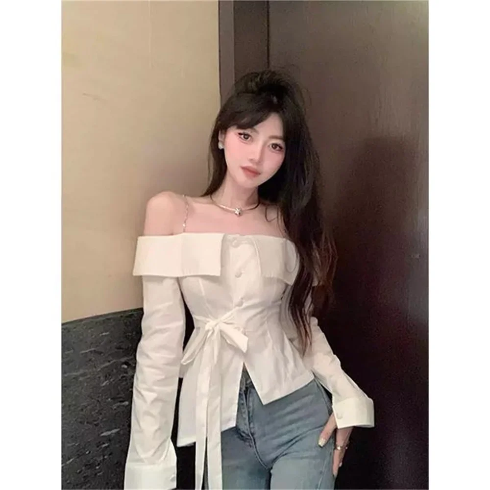 Elegant Slash Neck Shirts Women Streetwear Ruffles Bandage White Blouses Korean Fashion Long Sleeve Design Slim Tops New Shirts