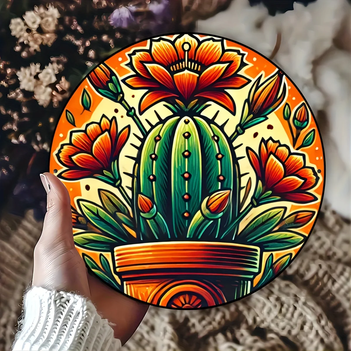 1-Pack Mexican Folk Art Cactus Wall Decor - Hand-Painted-Look Aluminum Metal Plate with Cacti & Agave Design - 7.8 Inch Round So