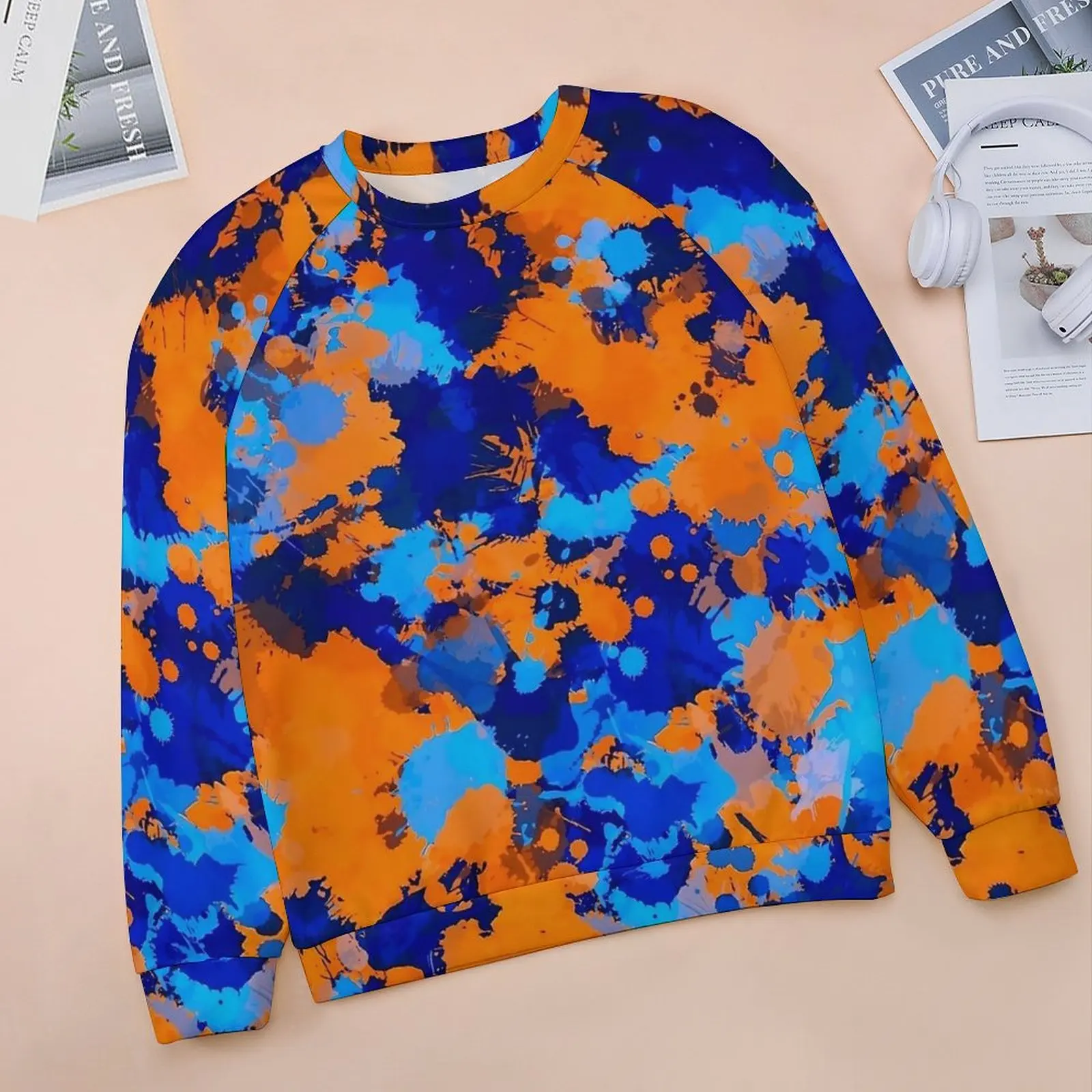 Blue And Orange Graffiti Hoodies Paint Splatter Streetwear Oversized Hoodie Woman Long-Sleeve Elegant Design Casual Top