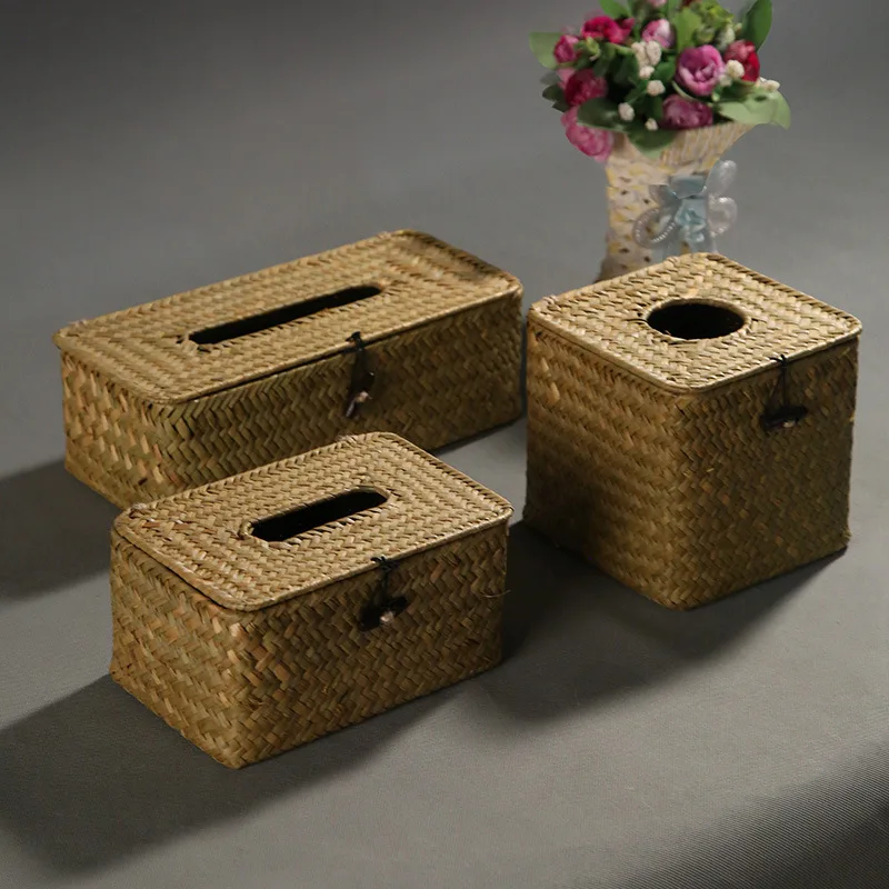 

Natural Rattan Tissue Box Handwoven Wicker Tissue Box Holder Seagrass Decorative Napkin Case Home Storage Organizer Box Decor