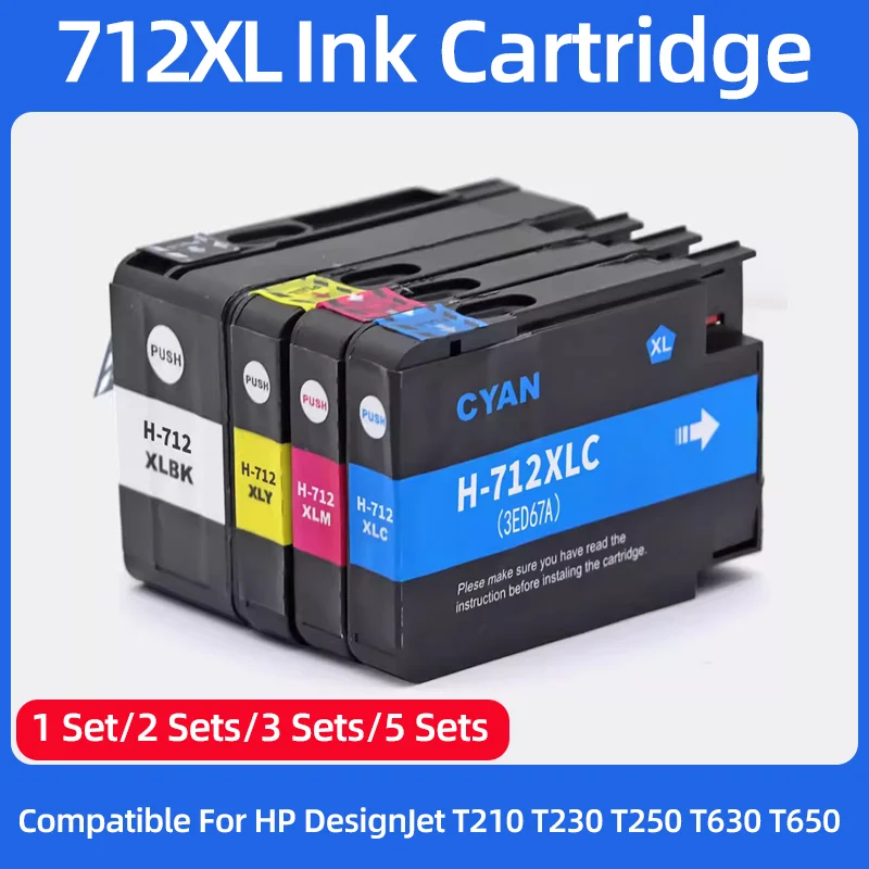 

Комплект из 4 цветных чернильных картриджей 712 XL (712XL, 3ED71A, 3ED67A) для струйных принтеров HP DesignJet T210, T230, T250, T650