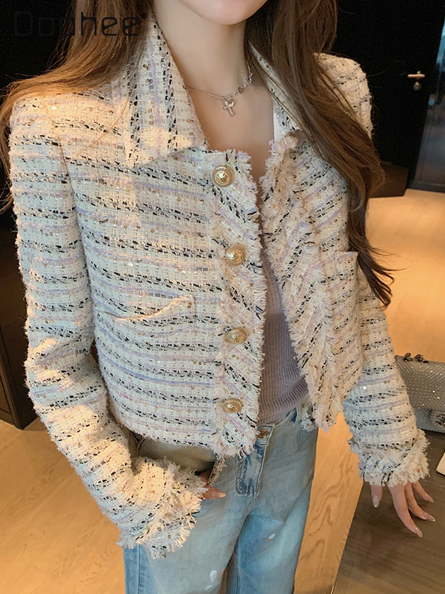 

High-end Lapel Tweed Sequin Fringe Short Coat for Women Autumn Winter New French Style Elegant Socialite Lapel Short Coats