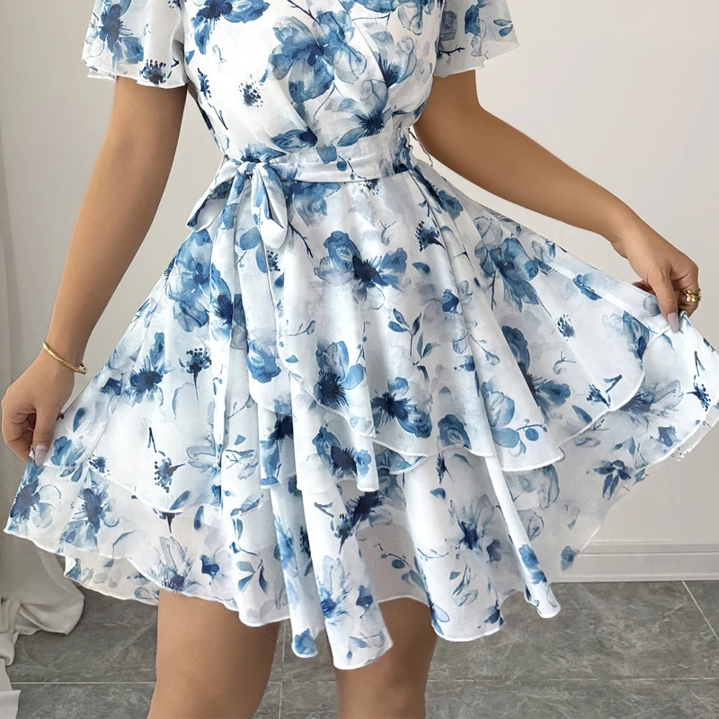 

Повседневные мини-платья с цветочным принтом для женщин, летние элегантные пляжные сарафаны с V-образным вырезом, коротким рукавом и шнуровкой, вечерние платья для вечеринок