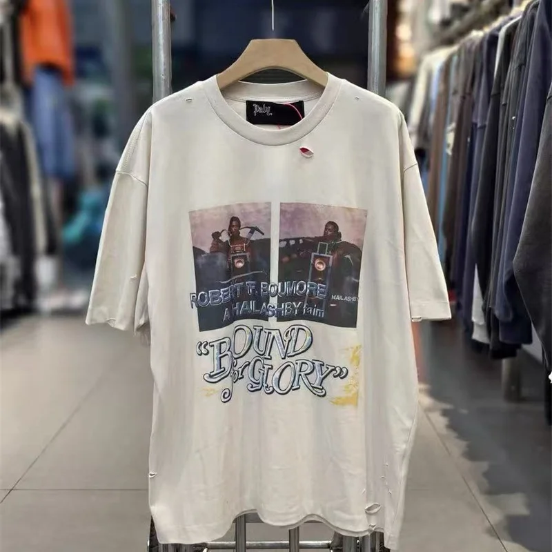 

Streetwear Vintage Concrete White Royal Blue Hip-Hop T-Shirt Play Print Pattern Ripped Hole Cotton Men's Women's T Shirt