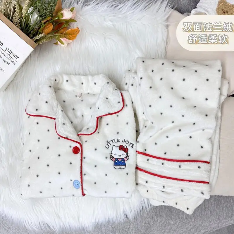 Зимний пижамный комплект с клетчатым принтом «Hello Kitty», новый пижамный костюм с героями мультфильмов, теплый корейский милый плюшевый домашний комплект Y2K, милая одежда для сна