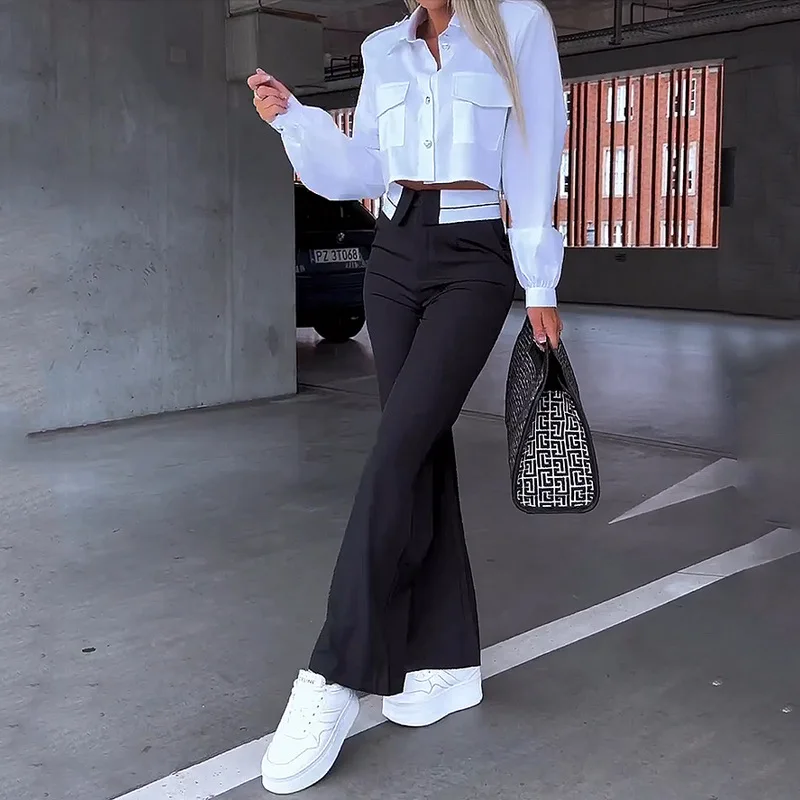 Women Black White Patchwork Strapless Crop Top Wide Leg Pants Two Piece Set Summer Elegant Lady High Waist Pocket Long Pant Suit