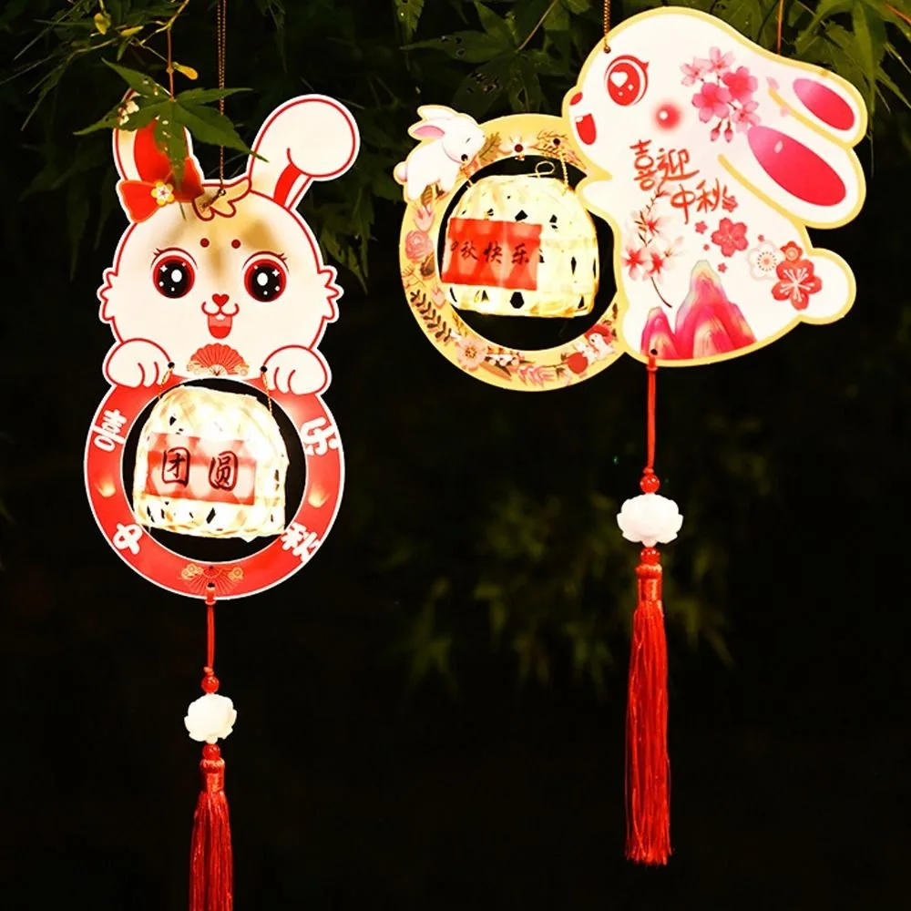 Luminous Chinese Rabbits Lantern Traditional Festival Portable Mid-Autumn Bamboo Lantern Handmade Tassel Handheld Rabbits Lamp