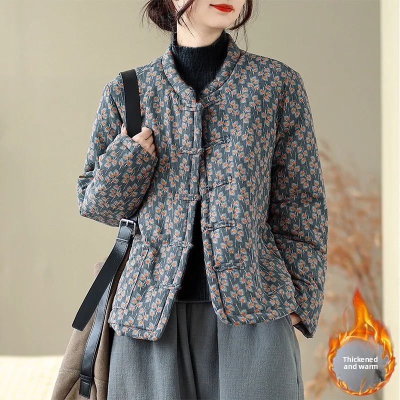 

New Chinese Style Women's Cotton Jacket Floral Print round Neck Padded Warm Slimming Versatile Improved Tang Costume Top