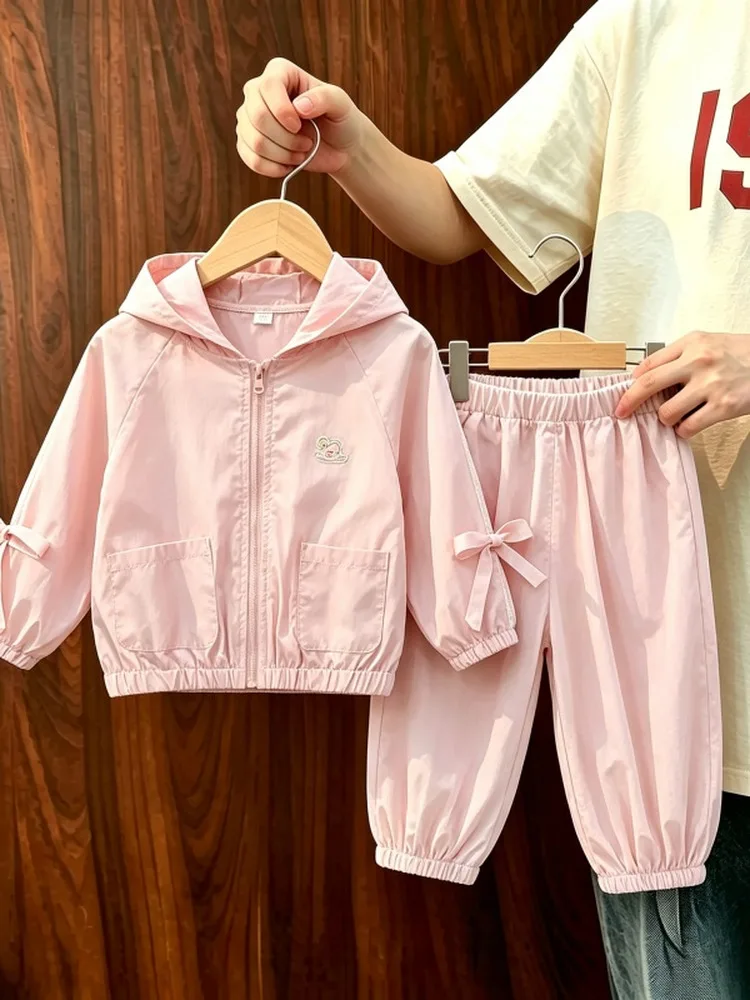 Cute Girl Spring Autumn Outfit 2026 New Style Hat Floral  Weave Belt Jacket Pants Two Piece Set Children's Clothing