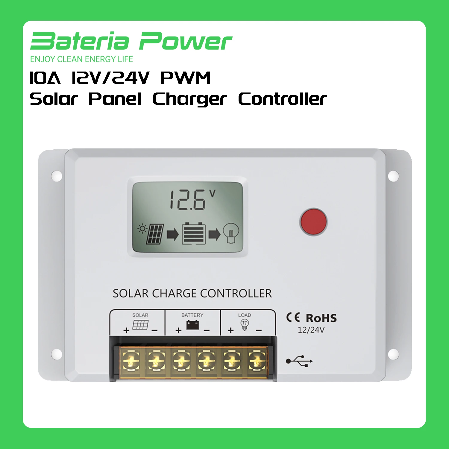 Solar Charge Controller 10A, Bateria Power 12V/24V PWM Solar Controller with LCD Display Dual USB Multiple Load Control Modes fo