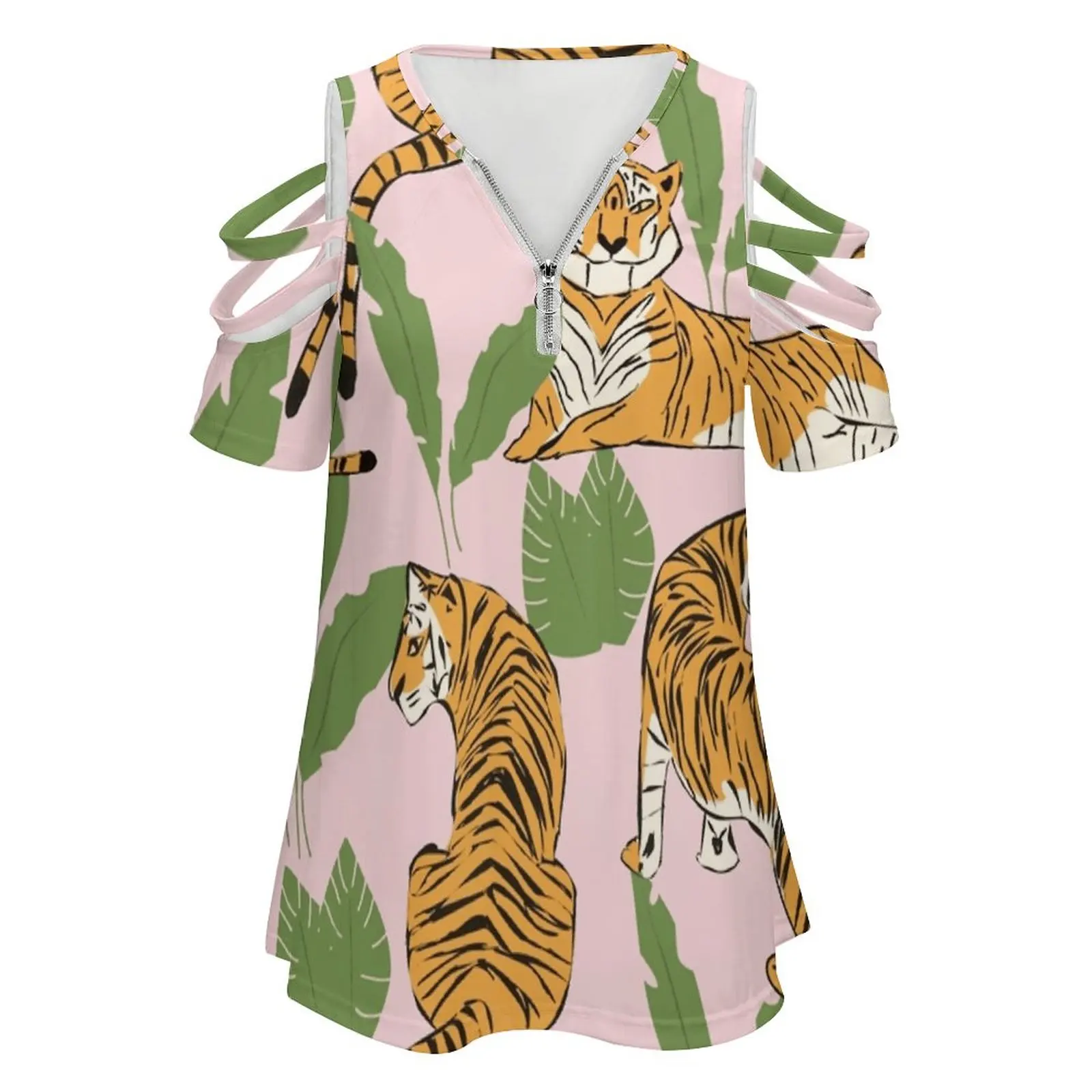 Tiger Pattern 008 Women's T-Shirt New Fashion Printed Zipper V-Neck Short Sleeve T Shirts Casual Plus Size Tiger Seamless