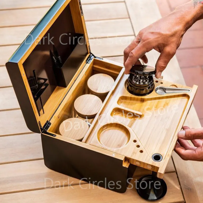 Large Bamboo Wooden Stash Box with Rolling Tray, Weed Tray Kit with Removable Divider, Wood Storage Set, Smoking Accessories