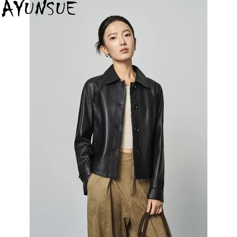 AYUNSUE Real Leather Jackets for Woman 2026 Retro Sheepskin Black Jacket Woman Fashion Commute Outerwear Woman Clothes Куртка