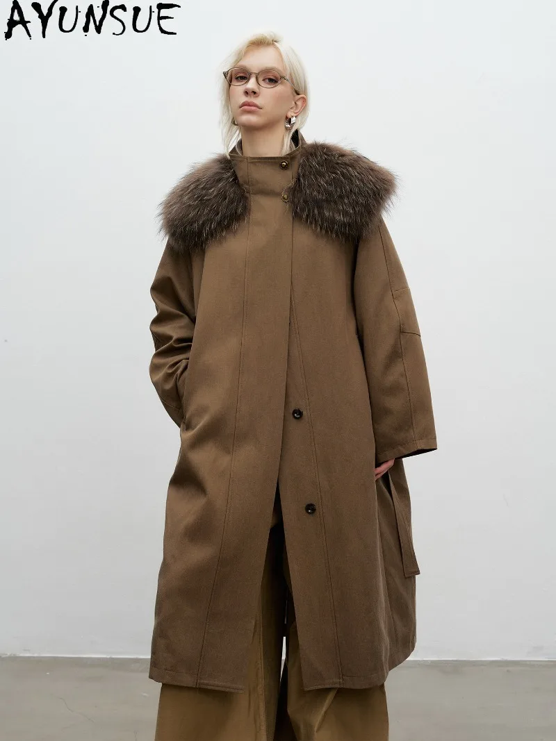 AYUNSUE White Goose Down Women Coat Real Raccoon Fur Collar Long Length Clothing Ladies Fashion Clothes Парка Женская Зимняя