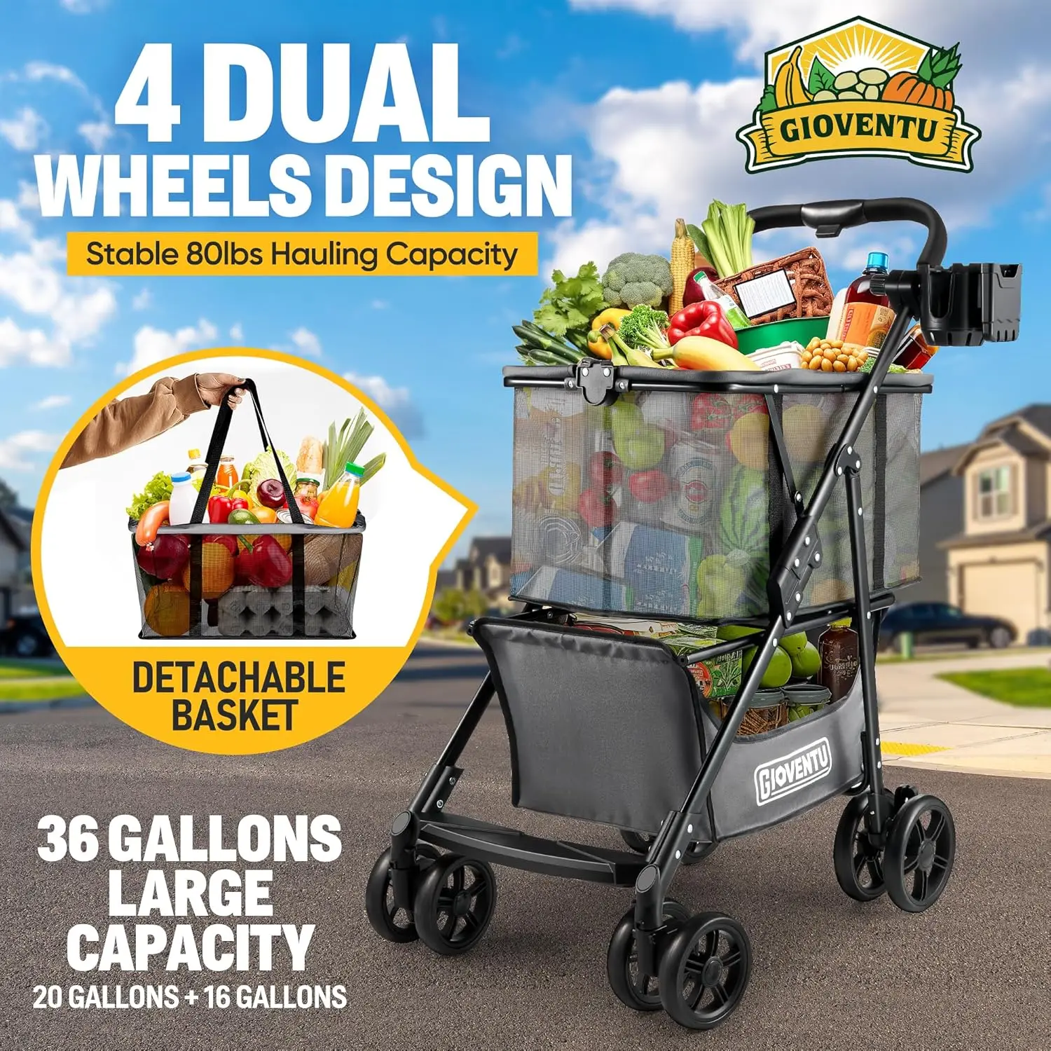 Folding Shopping Cart for Groceries(80lbs), Multifunctional Collapsible Cart with Removable Tote Bag & Swivel Wheels,