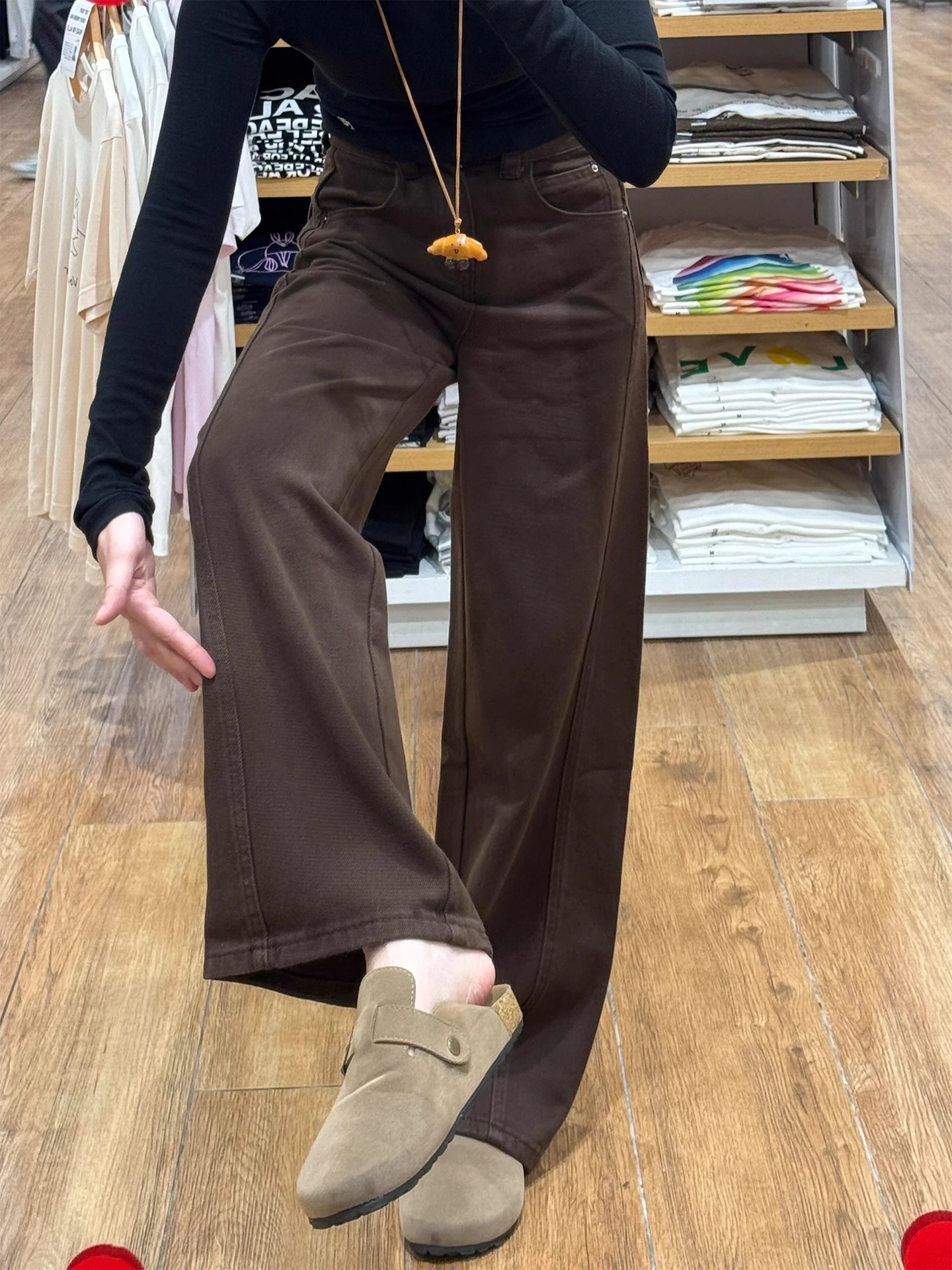 

High Waist Wide Leg Denim Jeans Women's Brown Color Straight Cut Knife Pants Autumn New Style American Style Cotton Jeans