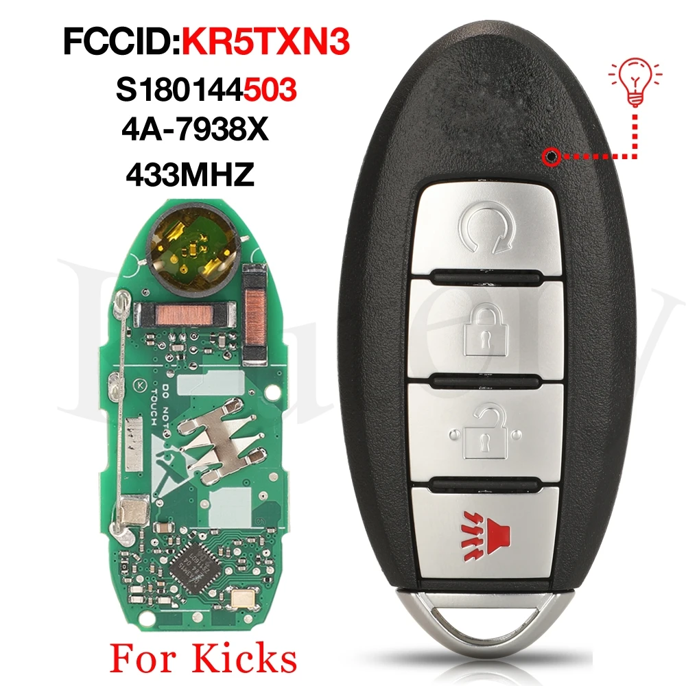 

jingyuqin 4 BTN KR5TXN3 433MHZ 4A PCF7938X Smart Keyless Remote Control Car Key Fob S180144503 For NISSAN Kicks 2019+