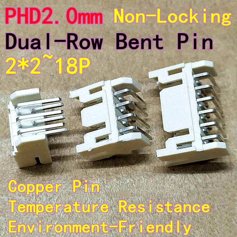 20PCS PHD2.0 Connector, 2.0mm Pitch, Dual-Row Bent Pin Connector, 4P/6P/8P/10P-40P Bent Pin Socket, Non-Locking