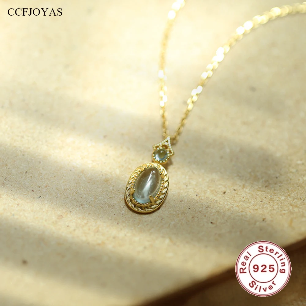 

CCFJOYAS French Light Luxury Vintage 925 Sterling Silver Necklace for Women 18k Gold Plated Oval Pendant Clavicle Chain