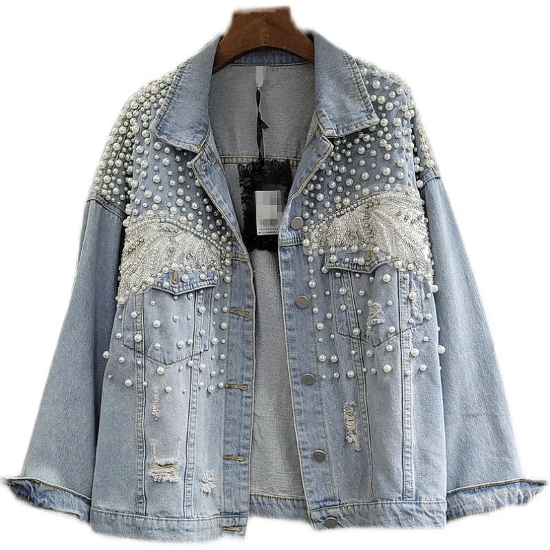 

IHOBBY Pearl Denim Jacket Women European Style Lace Patchwork Pocket Jeans Jacket Spring Autumn Fashion Outwear