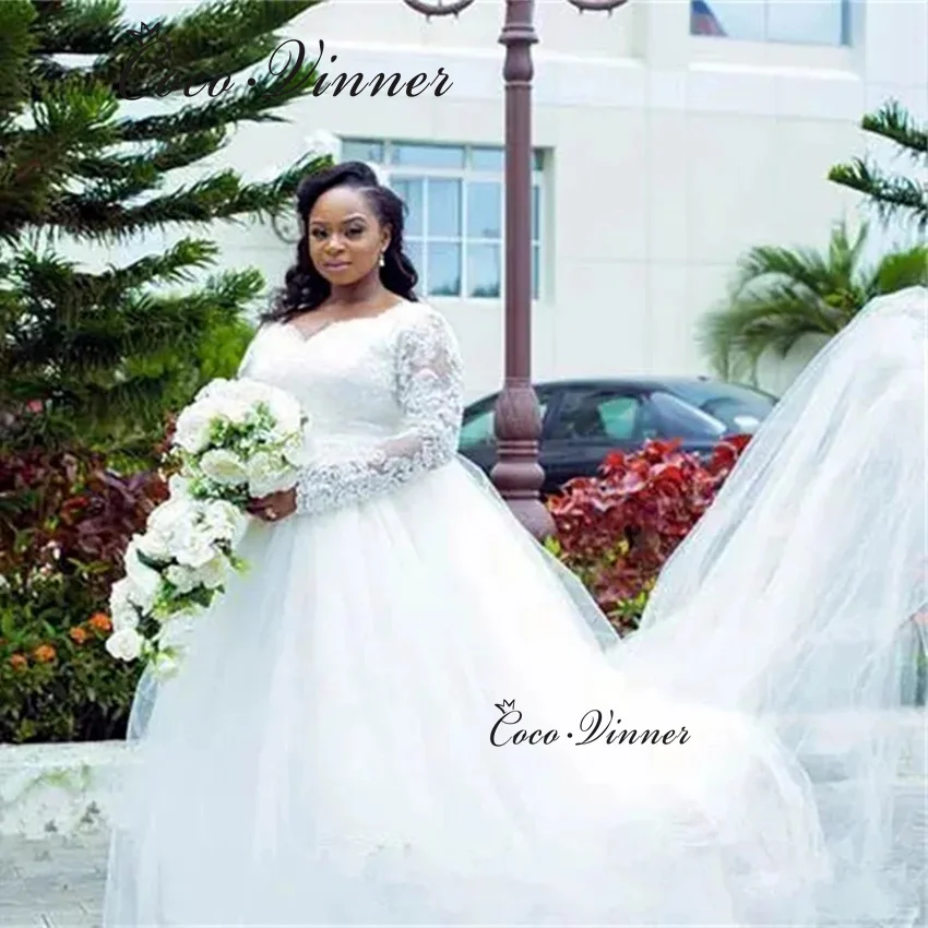 

Африканские свадебные платья с длинными рукавами по индивидуальному заказу, бальное платье с кружевными аппликациями и бисером на шнуровке сзади, свадебное платье больших размеров W1365