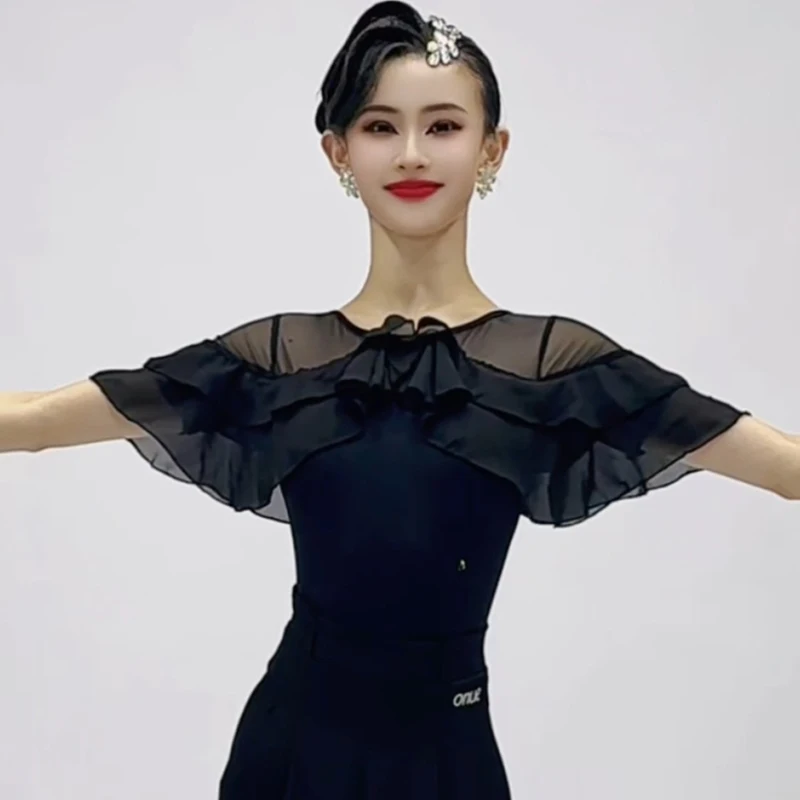 

Black Short Sleeves Latin Dance Ruffled Tops Women Samba Rumba Ballroom Dance Top Adults Performance Dancing Costume SL13169
