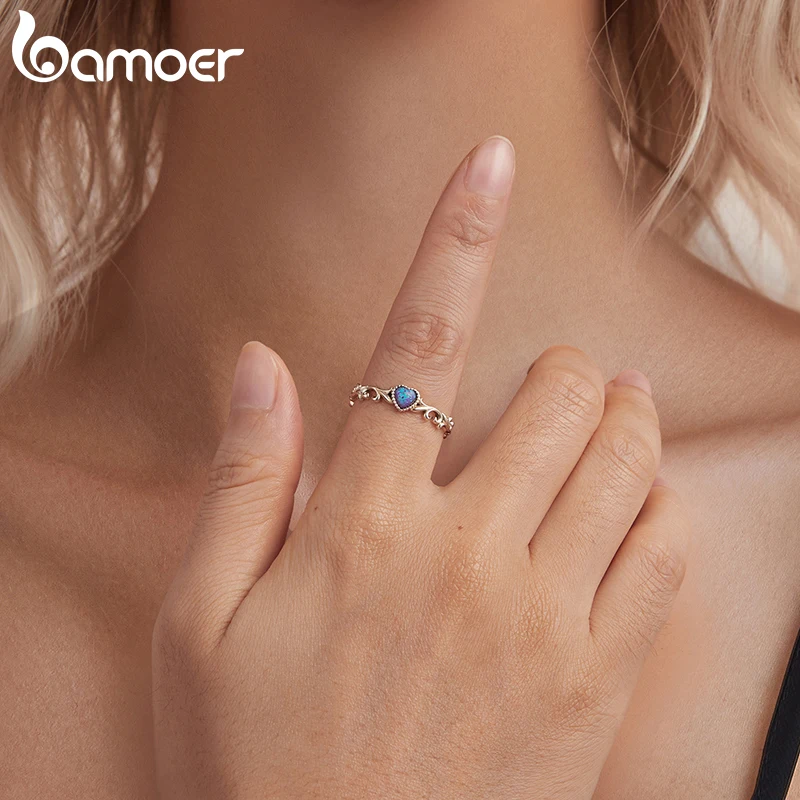 Bamoer Original 925 Sterling Silver Opal Retro Pattern Ring Purple Heart Oxidized For Women Wedding Engagement Fine Jewelry