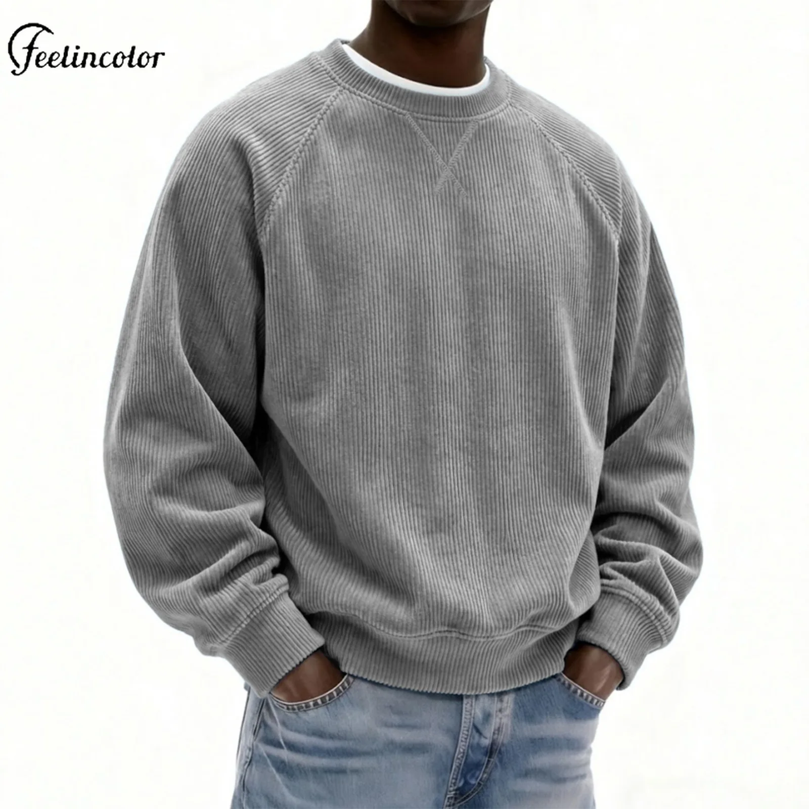 

Мужские серые вельветовые толстовки с круглым вырезом, свободный пуловер, винтажный повседневный топ с длинными рукавами, модная повседневная уличная одежда