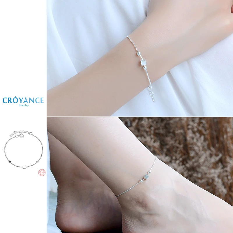 

925 Sterling Silver Exquisite Simple Small Bead Square Block Anklets Women Jewelry Gift Fashion Summer Beach Bracelet Foot Chain