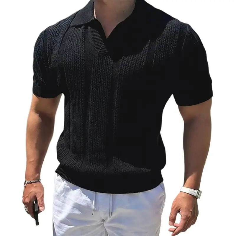 

【BIG SALE】Men's Vintage Knitted Shirt, Slim Fit Short Sleeve Round Neck Solid Color Pullover Black L