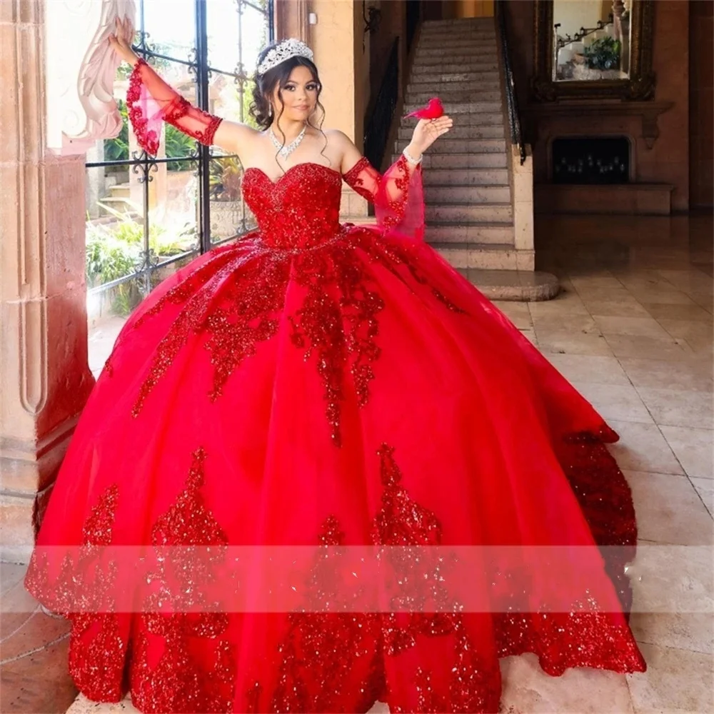 المكسيك الأحمر الكرة ثوب الحبيب الترتر فستان Quinceanera #2