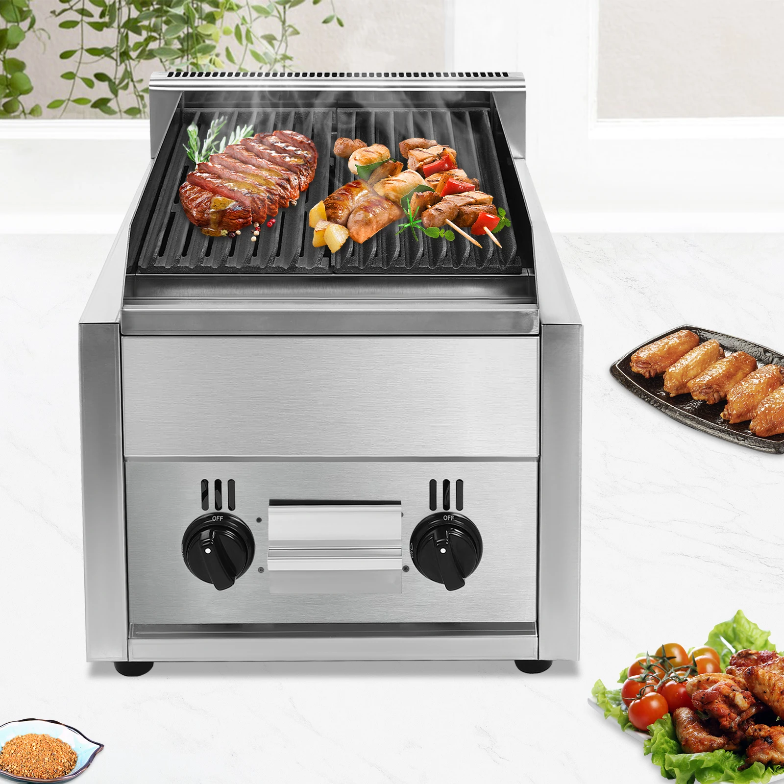 

Silver Commercial Gas Grill 201 Stainless Steel+Cast Iron+Volcanic Stone - Polishing&Wire Drawing Process&Dual I-Type Burners