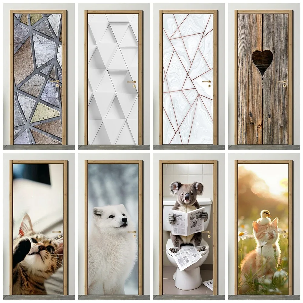 

Cute Kitten Arctic Fox Mural Door Sticker Wallpaper Waterproof Removable 3D Geometric Pattern Wall Art Decals Home Decorations