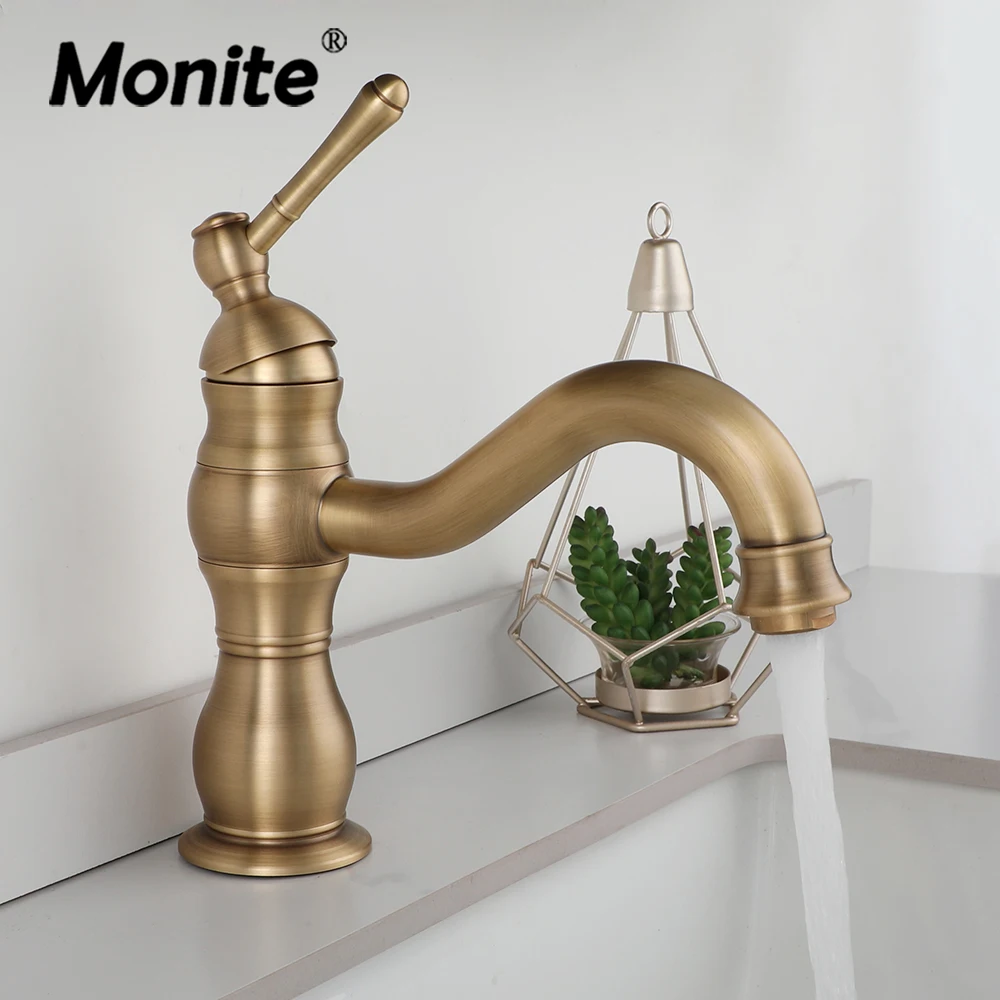 Monite Swivel Spout Short Anitque Brass Single Handle Spray Spout Brass Body Two Hose Torneira Wash Basin Sink Tap Mixer Faucet