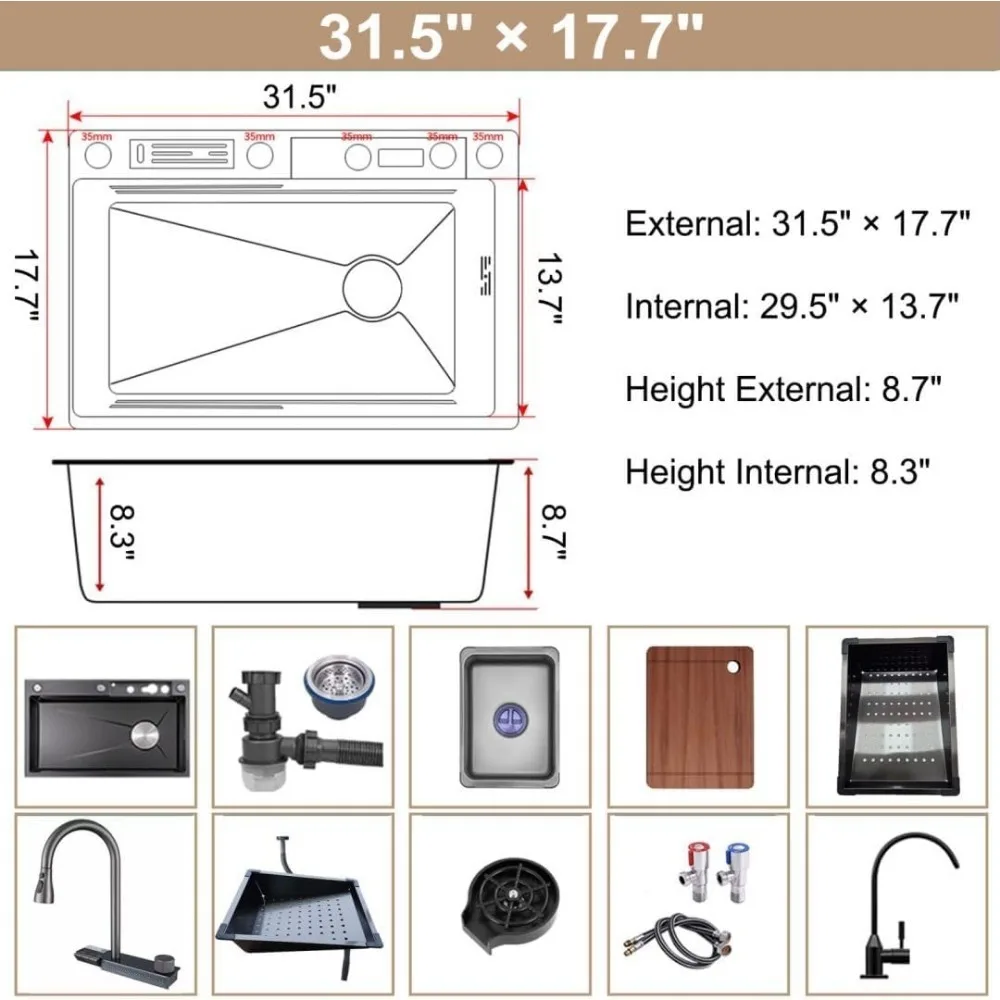 Imagem -02 - Honeycomb Nano Kitchen Sink Twin Cachoeira Pias com Torneira Display Led 315 Aço Inoxidável