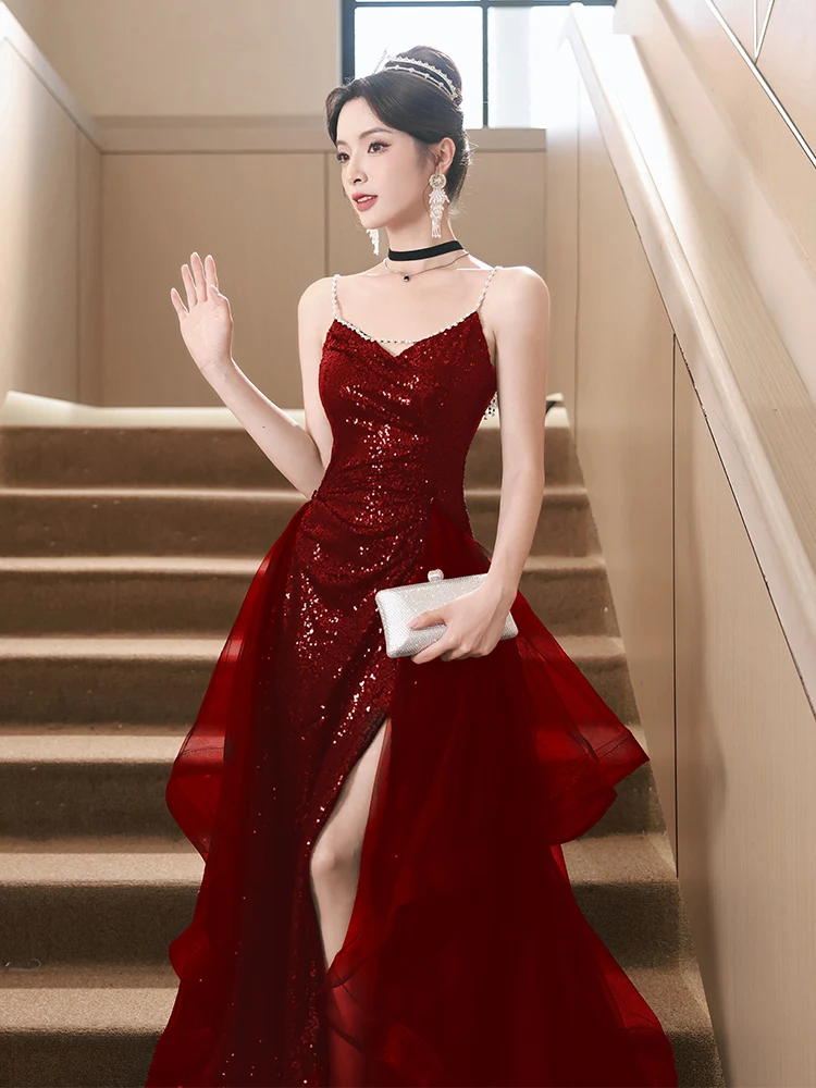

Red Evening Gown Wedding Dr 2025 New High-End Sensation Banquet Bride Luxury Sparkling Sequin Floor-Length Korean Sle