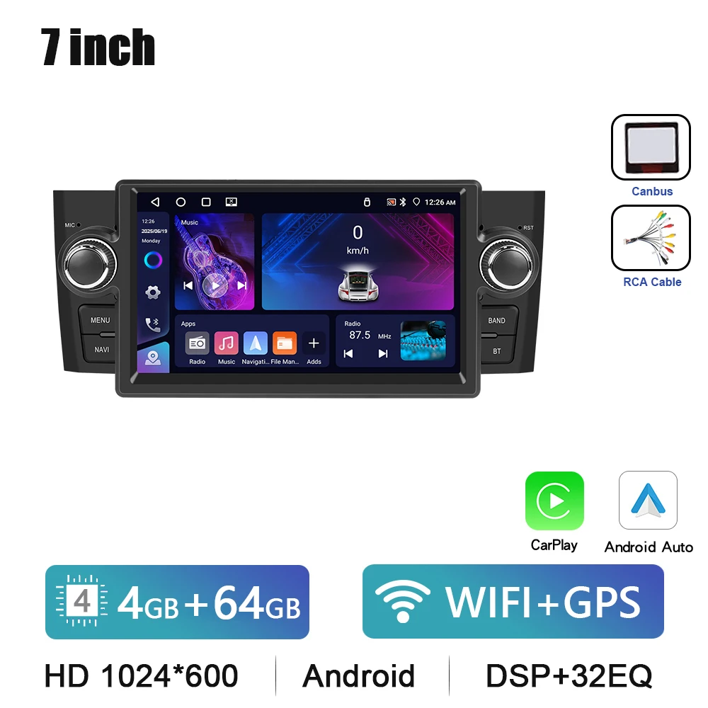 Podofo 7" HD touchscreen autoradio draadloze CarPlay Android Auto radio voor FIAT Punto 2005-2009/Linea 2007-2011 auto multimediaspeler GPS FM WIFI Bluetooth Mirror Link autoradio stereo