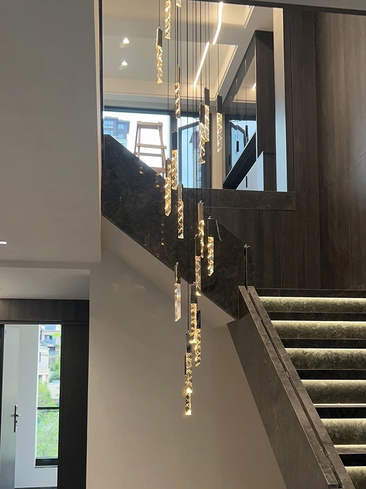 New Staircase Pendent Lamp Modern LED Art Crystal Pendant Light Double-Layer Attic Ceiling Lamp Villa Living Room Chandelier