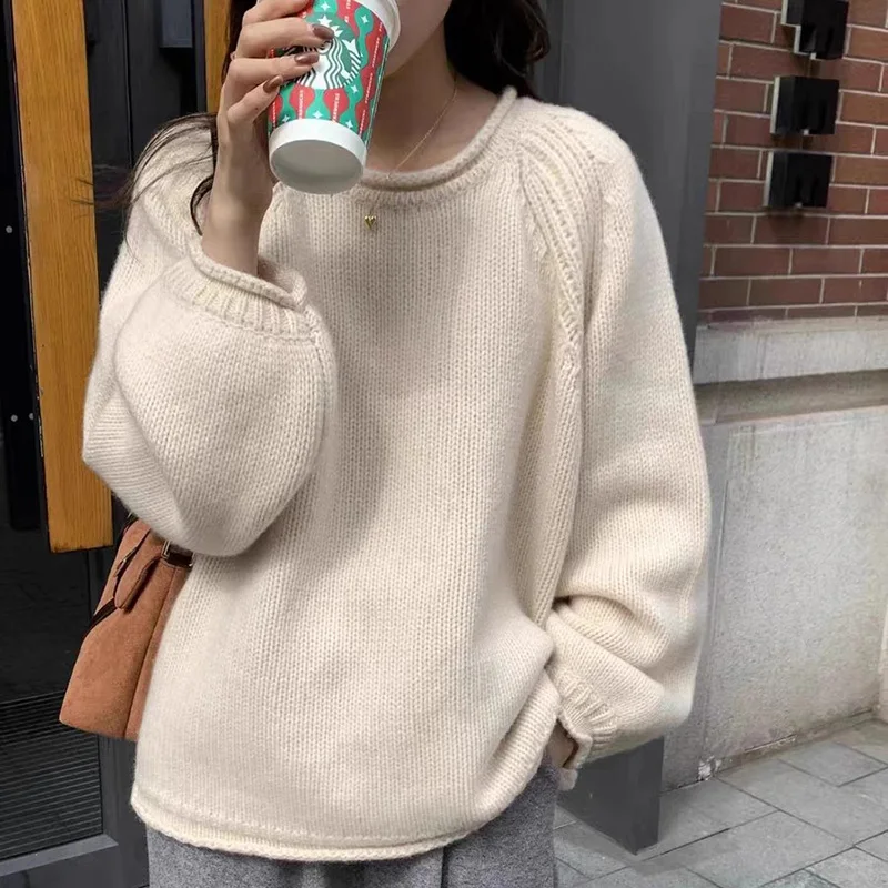 2024 Spring and Autumn New Round Neck Cashmere Women\'s Loose Korean 100% Pure Wool Knitted Pullover Top